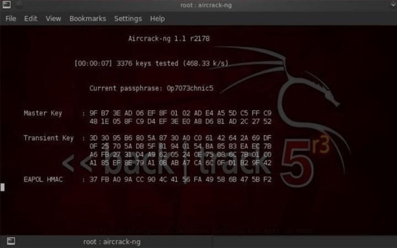 Nhập câu lệnh để xem được mật khẩu: aircrack-ng WPAcrack-01.cap –w/pentest/passwords/wordlists/darkc0de