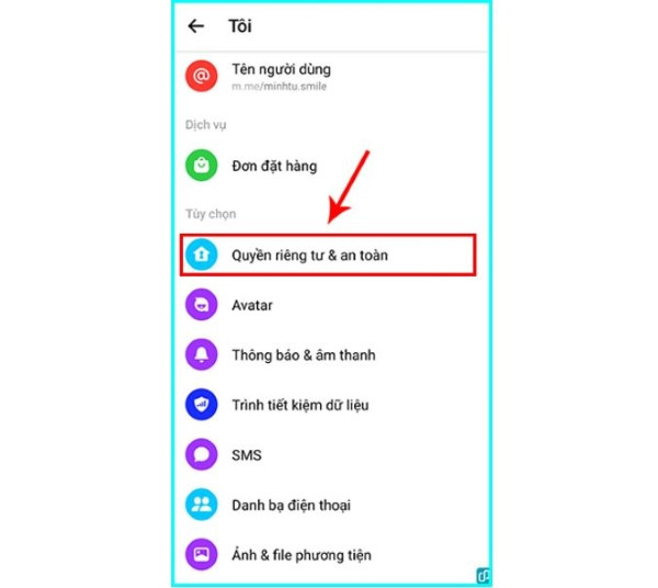 Chọn mục Quyền riêng tư và an toàn