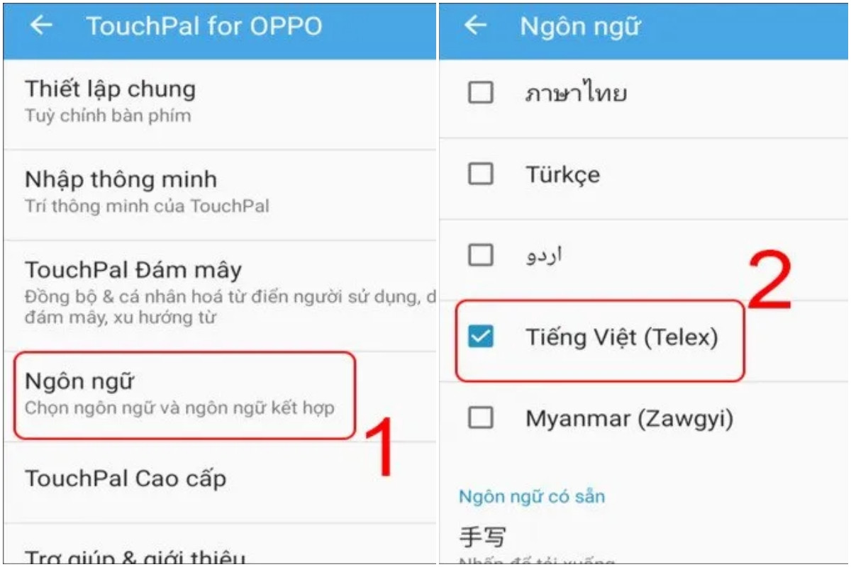 Chọn TouchPal for OPPO, sau đó tìm đến mục Ngôn ngữ và chọn Tiếng Việt (Telex)