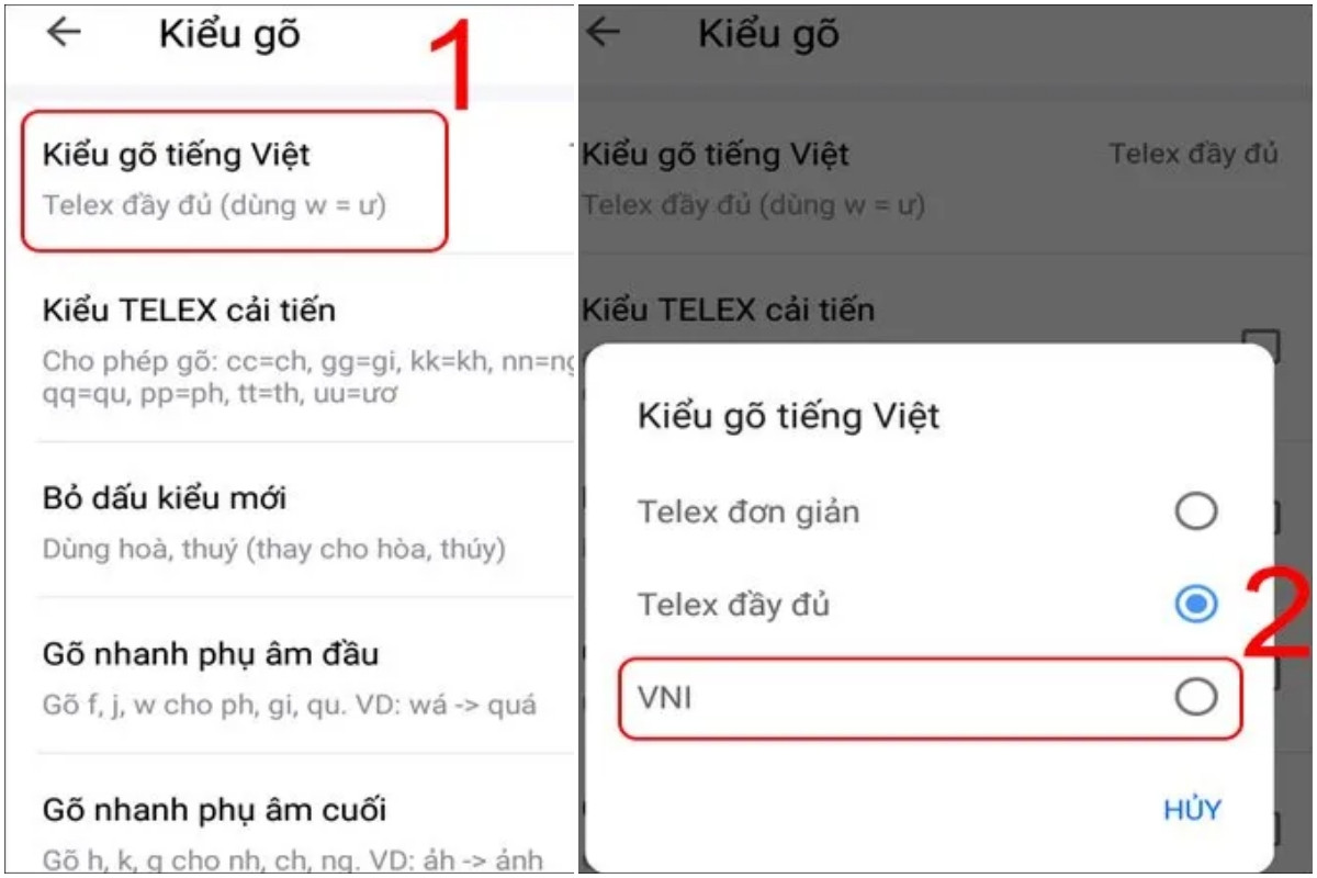 Bạn có thể lựa chọn giữa Telex hoặc VNI theo ý muốn