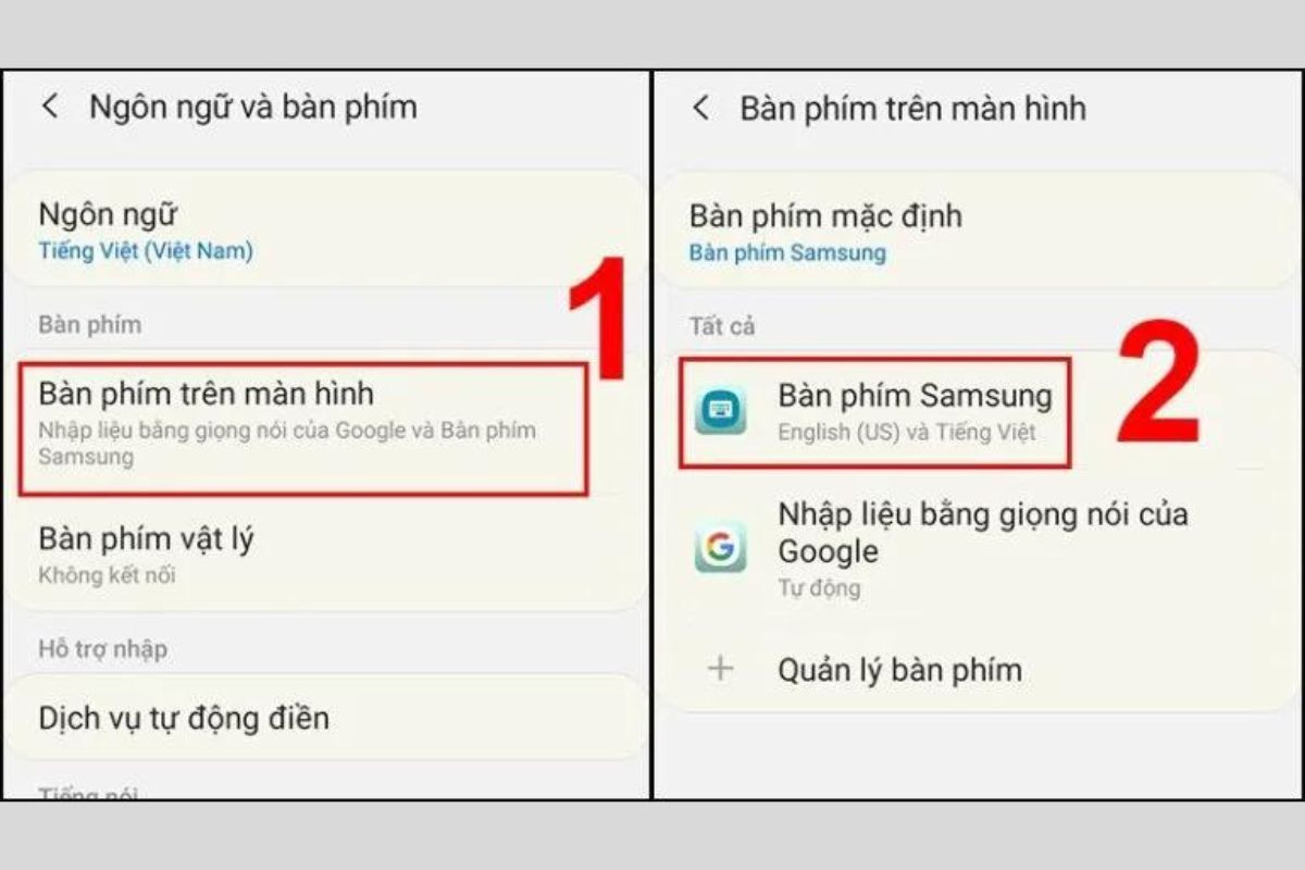 Chọn mục Bàn phím trên màn hình và nhấn chọn tiếp vào mục Bàn phím Samsung