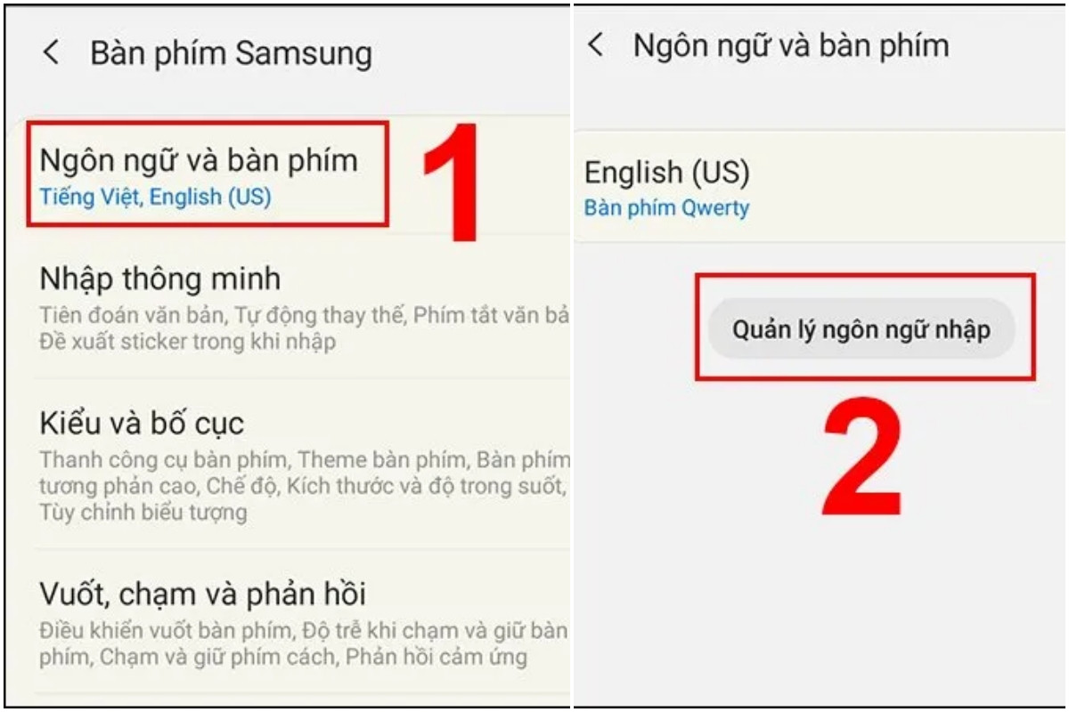 Tiếp tục chọn Ngôn ngữ và Bàn phím để truy cập vào phần Quản lý ngôn ngữ nhập