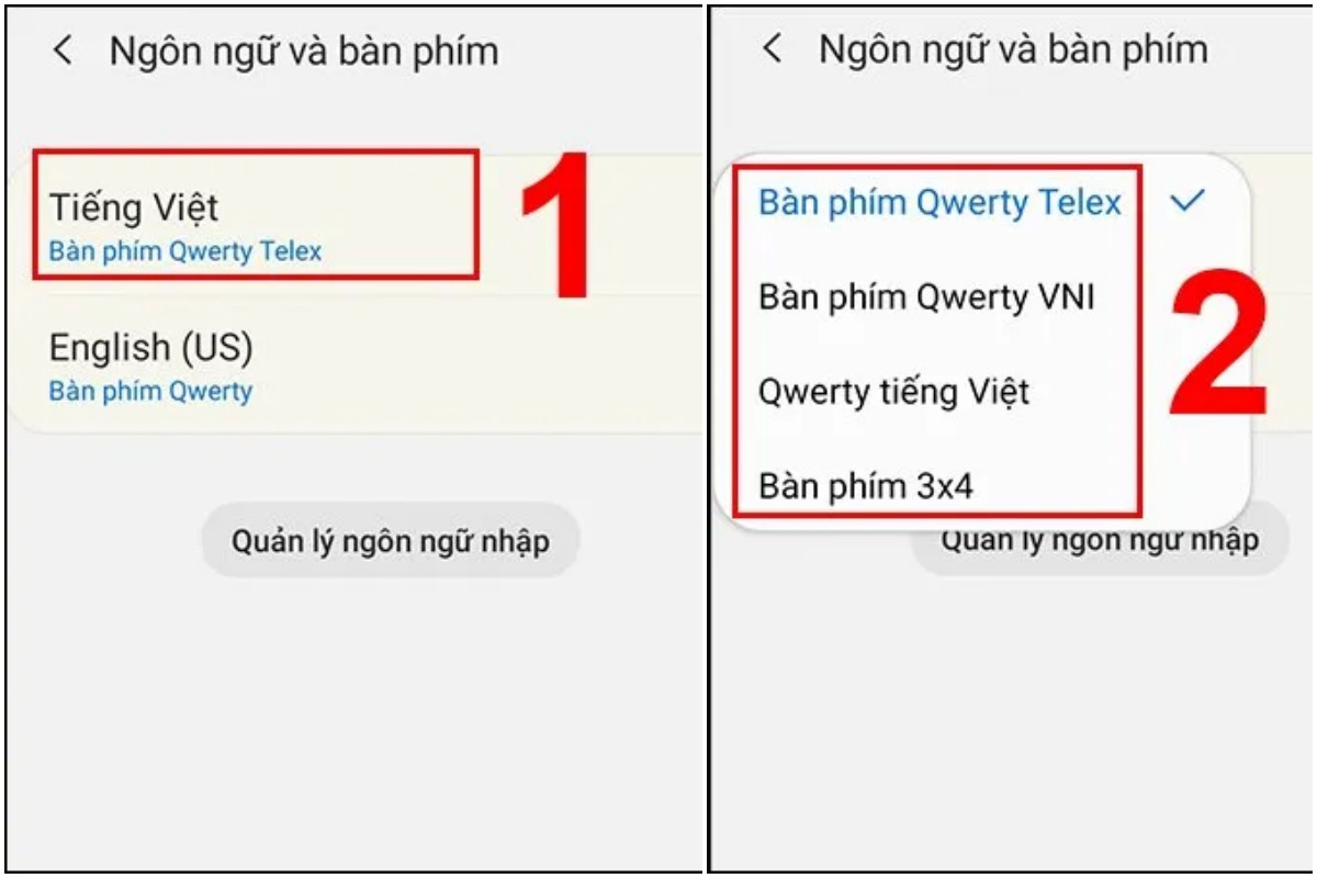 Nhấn vào Tiếng Việt để lựa chọn kiểu gõ phù hợp: Telex hoặc UNI