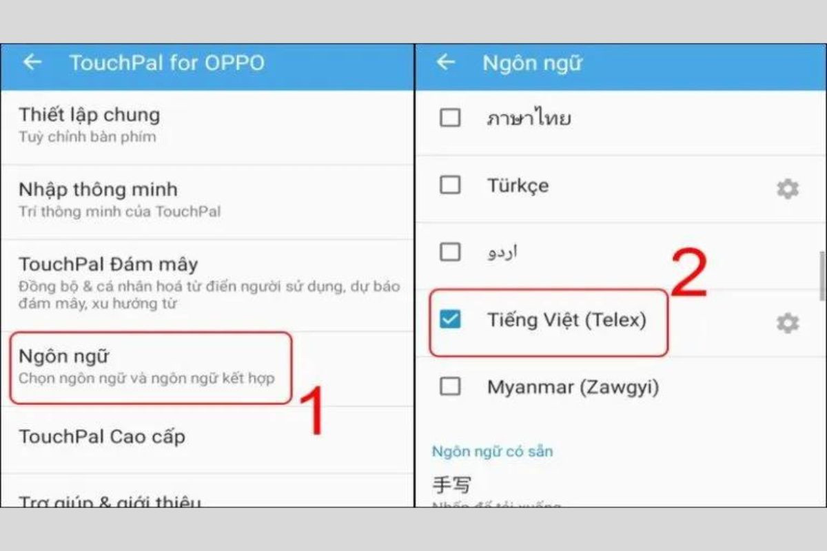 Chọn vào mục Ngôn ngữ và đánh dấu tích vào ô tiếng Việt (Telex)