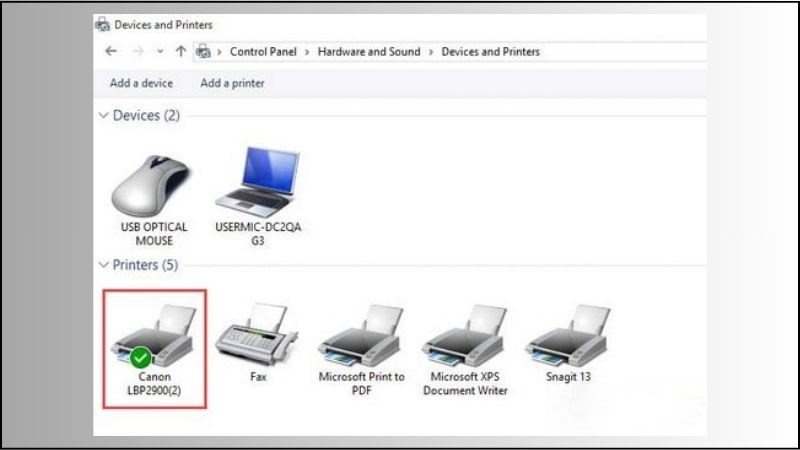 Khi có dấu tick màu xanh, bạn đã cài đặt Canon 2900 là máy in mặc định thành công