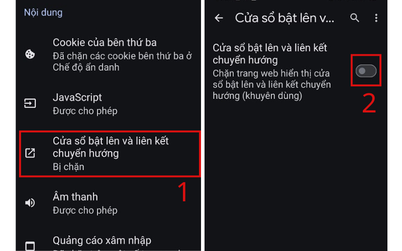 Chọn Cửa sổ bật lên và liên kết chuyển hướng và tắt bằng cách gạt công tắc.