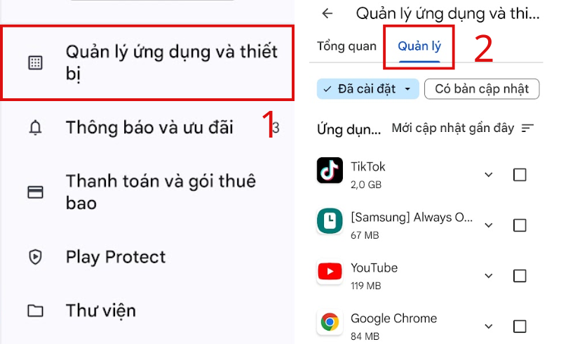 Chọn quản lý ứng dụng và thiết bị, bấm vào quản lý