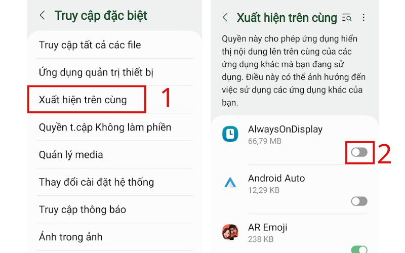 Chọn xuất hiện trên cùng và tắt quyền truy cập của ứng dụng