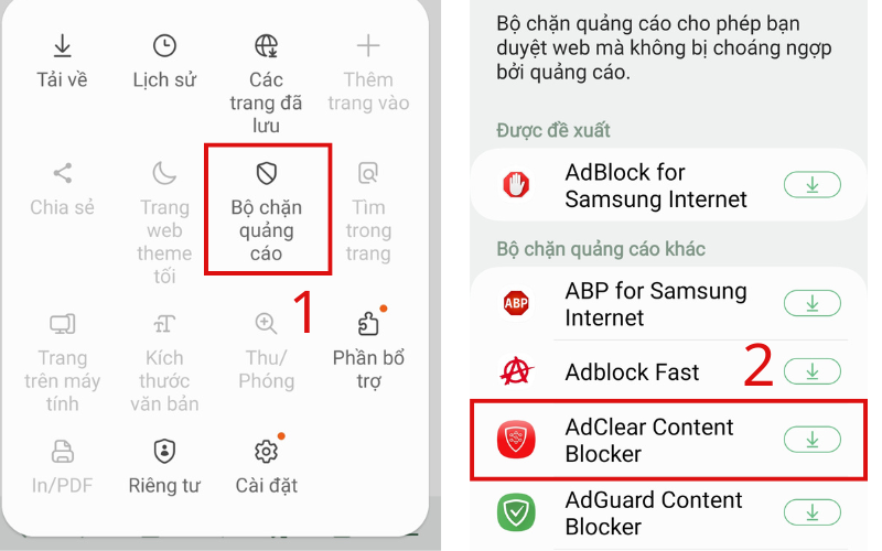 Chọn bộ chặn quảng cáo trên điện thoại Samsung bạn mong muốn