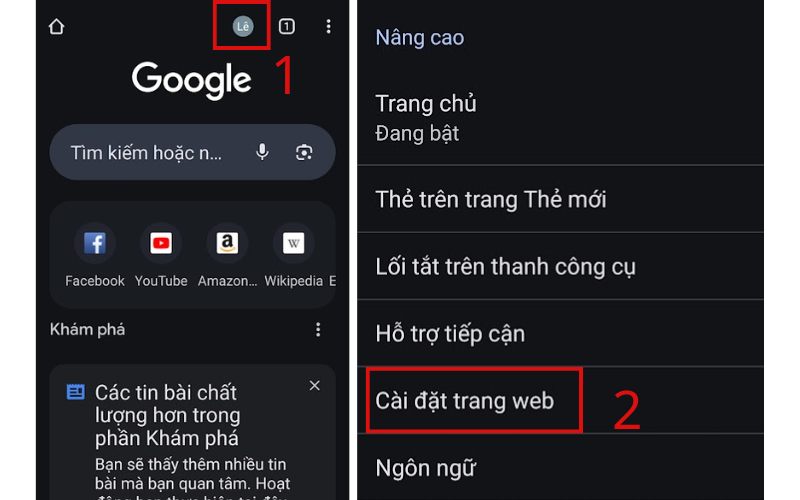 Chọn tài khoản và chọn cài đặt trang web