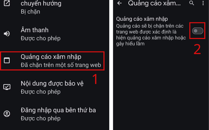 Chọn mục quảng cáo xâm nhập và tắt để chặn quảng cáo