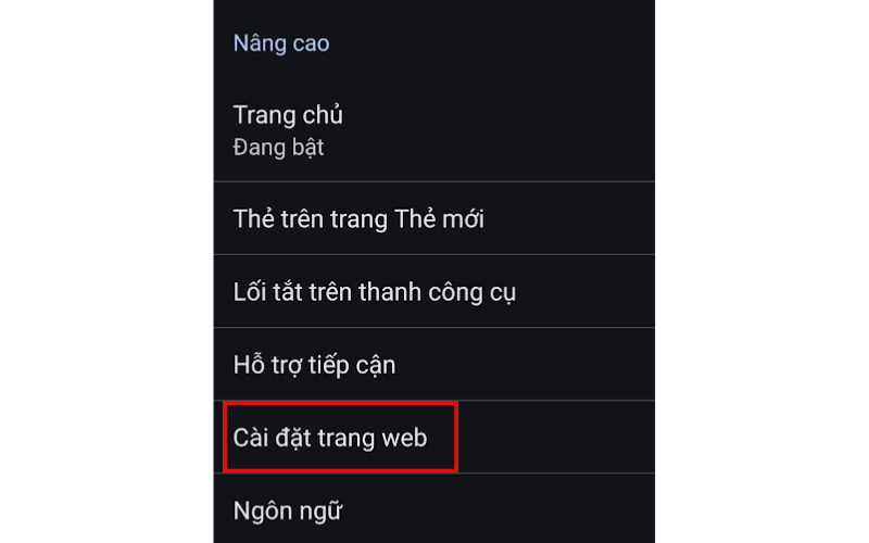 Bấm chọn vào cài đặt trang web