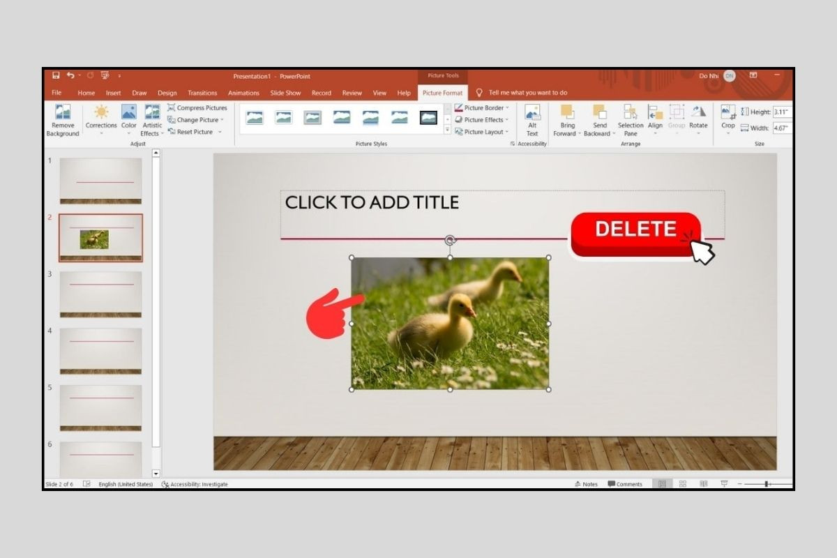 Dùng phím Delete trên bàn phím để xóa hình ảnh