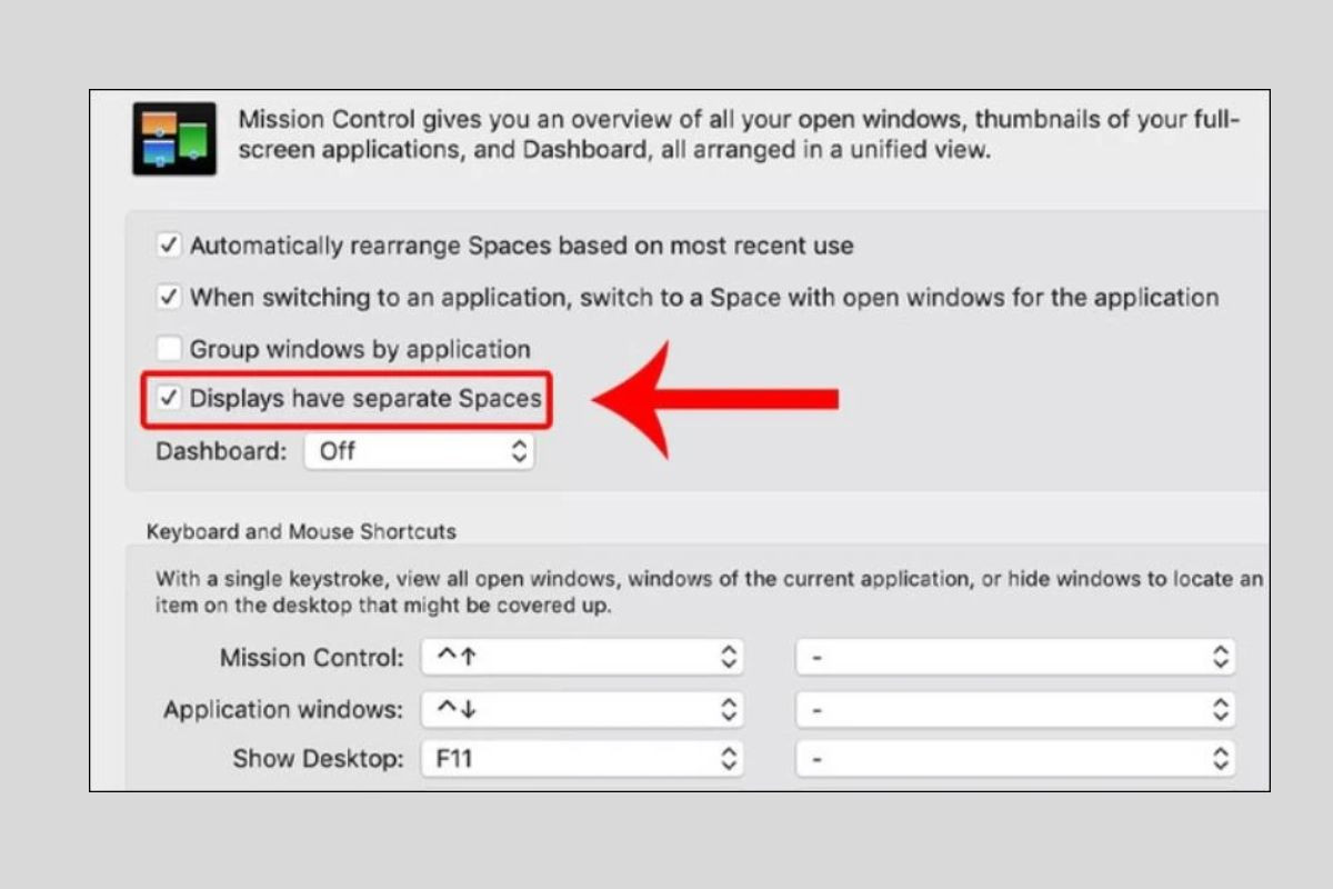 Tick chọn Displays have separate Spaces để kích hoạt tính năng