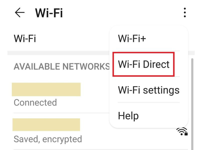 Vào Cài đặt Wifi sau đó bấm vào menu và chọn Wifi Direct.