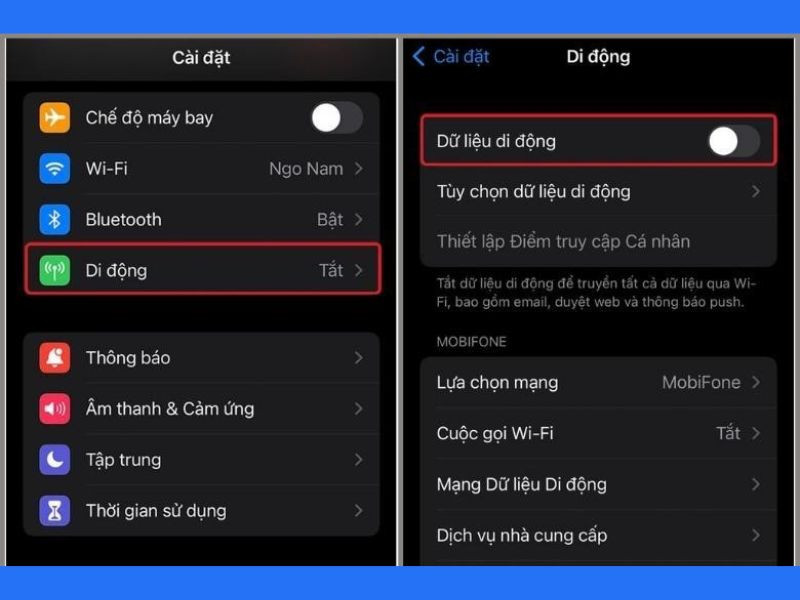 Chọn mục “Di động” rồi bấm vào công tắc bên cạnh “Dữ liệu di động” để bật lên