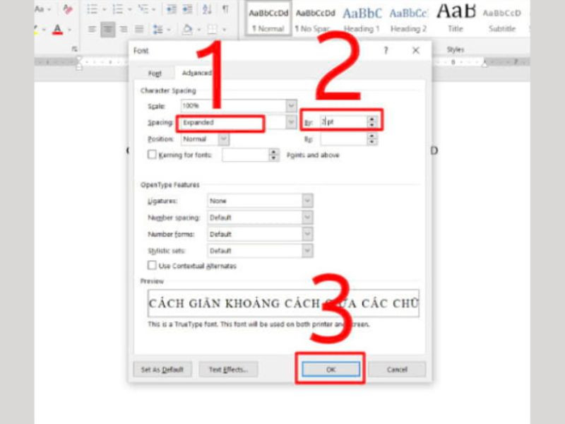 Khi hộp thoại Font xuất hiện, chuyển sang tab Character Spacing