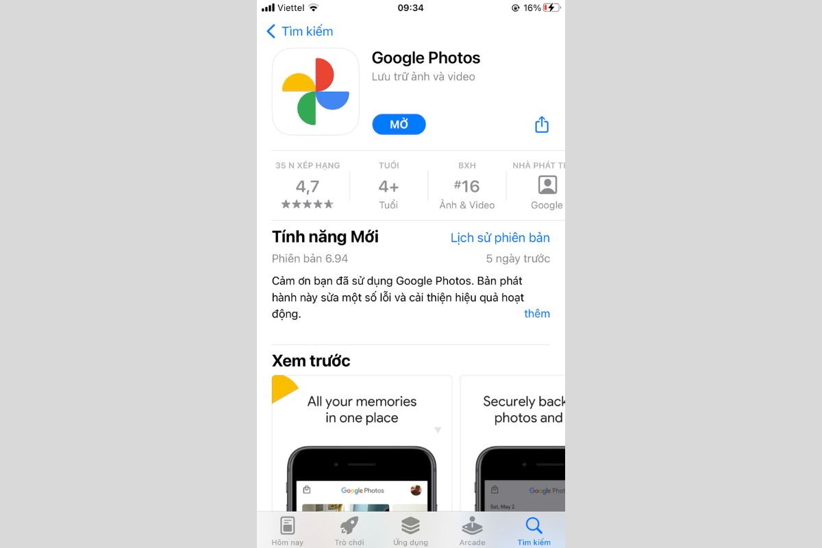 Nhấn tải/mở ứng dụng Google photos về điện thoại