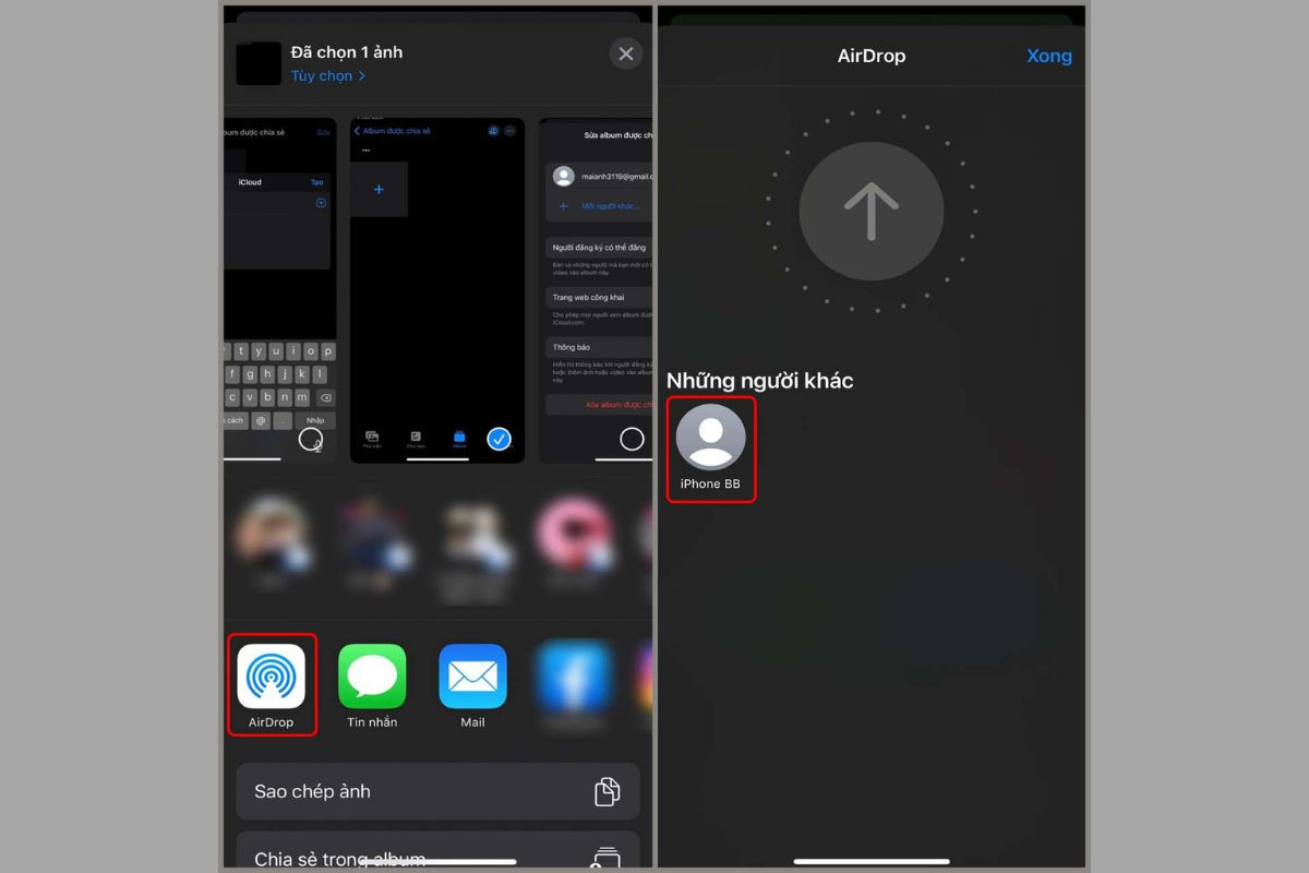 Chọn địa chỉ AirDrop mà bạn muốn chia sẻ và chờ đợi hệ thống chuyển ảnh hoàn tất