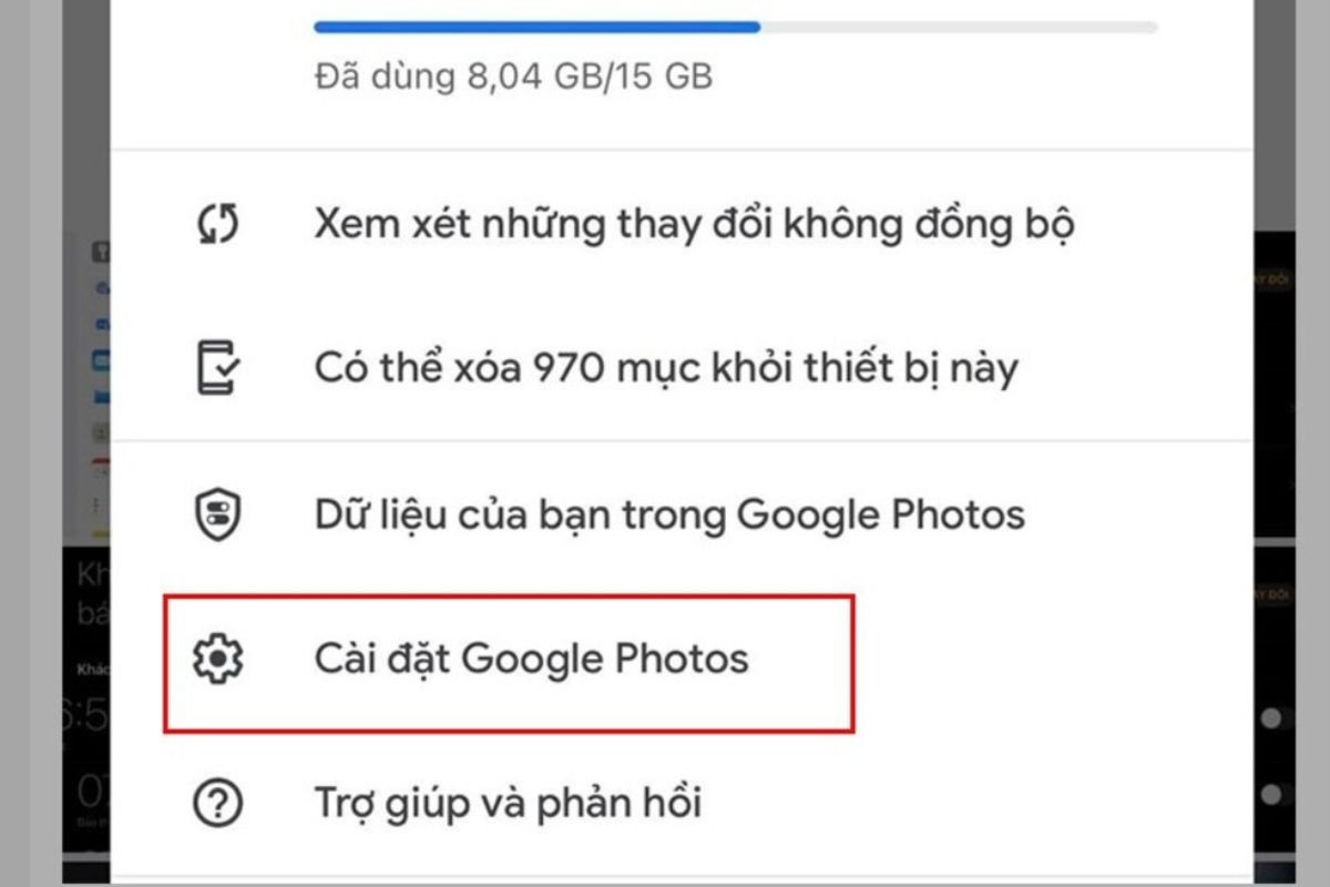 Nhấn chọn mục Cài đặt Google Photos ở góc trái màn hình