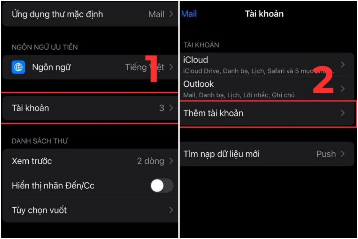 Vào Cài đặt trên iPhone. Chọn Mail. Chọn Tài khoản. Chọn Thêm tài khoản