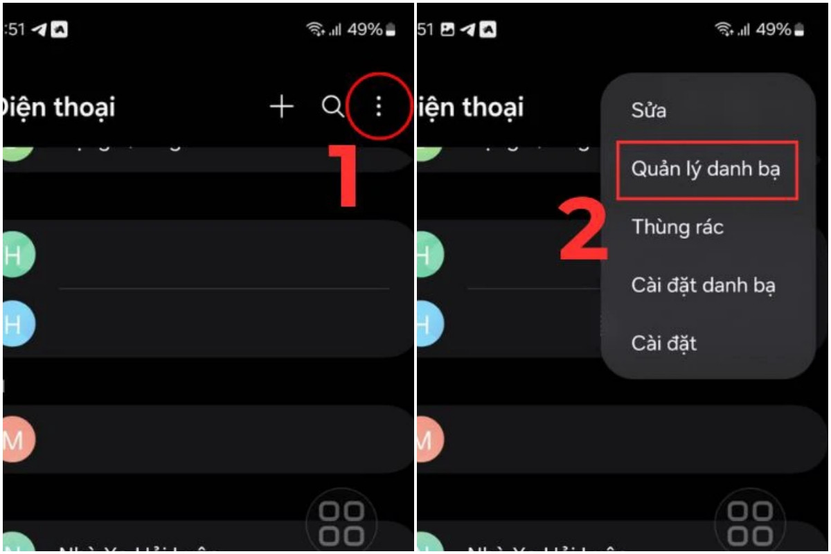 Vào phần Danh bạ trên điện thoại Android. Nhấn vào biểu tượng 3 chấm ở góc trên cùng bên phải