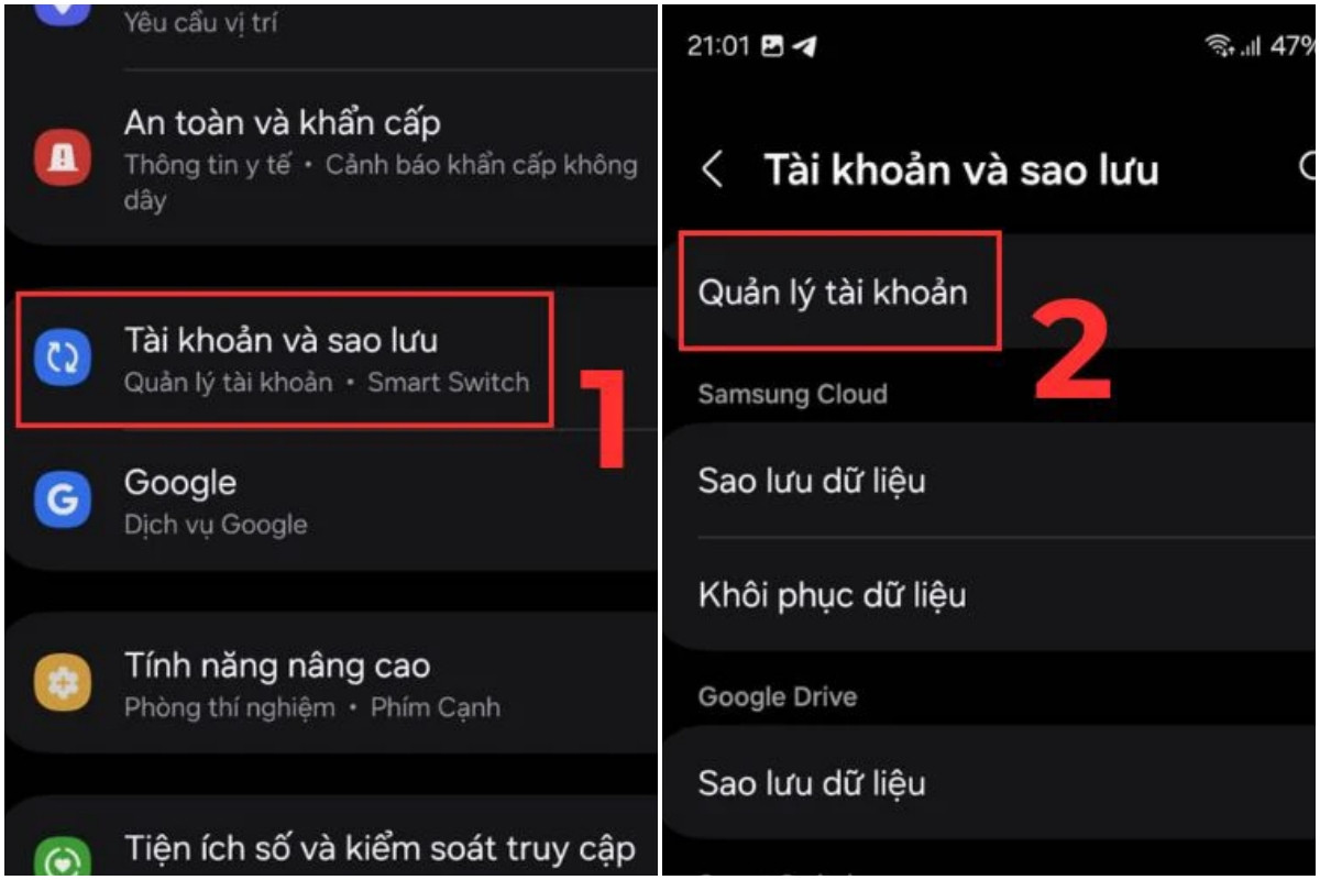 Vào Cài đặt trên điện thoại Android. Chọn Tài khoản và sao lưu (hoặc Tài khoản). Chọn Quản lý Tài khoản