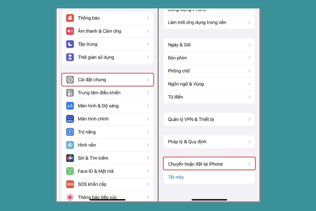 Chọn vào mục Chuyển hoặc đặt lại iPhone trong mục Cài đặt chung