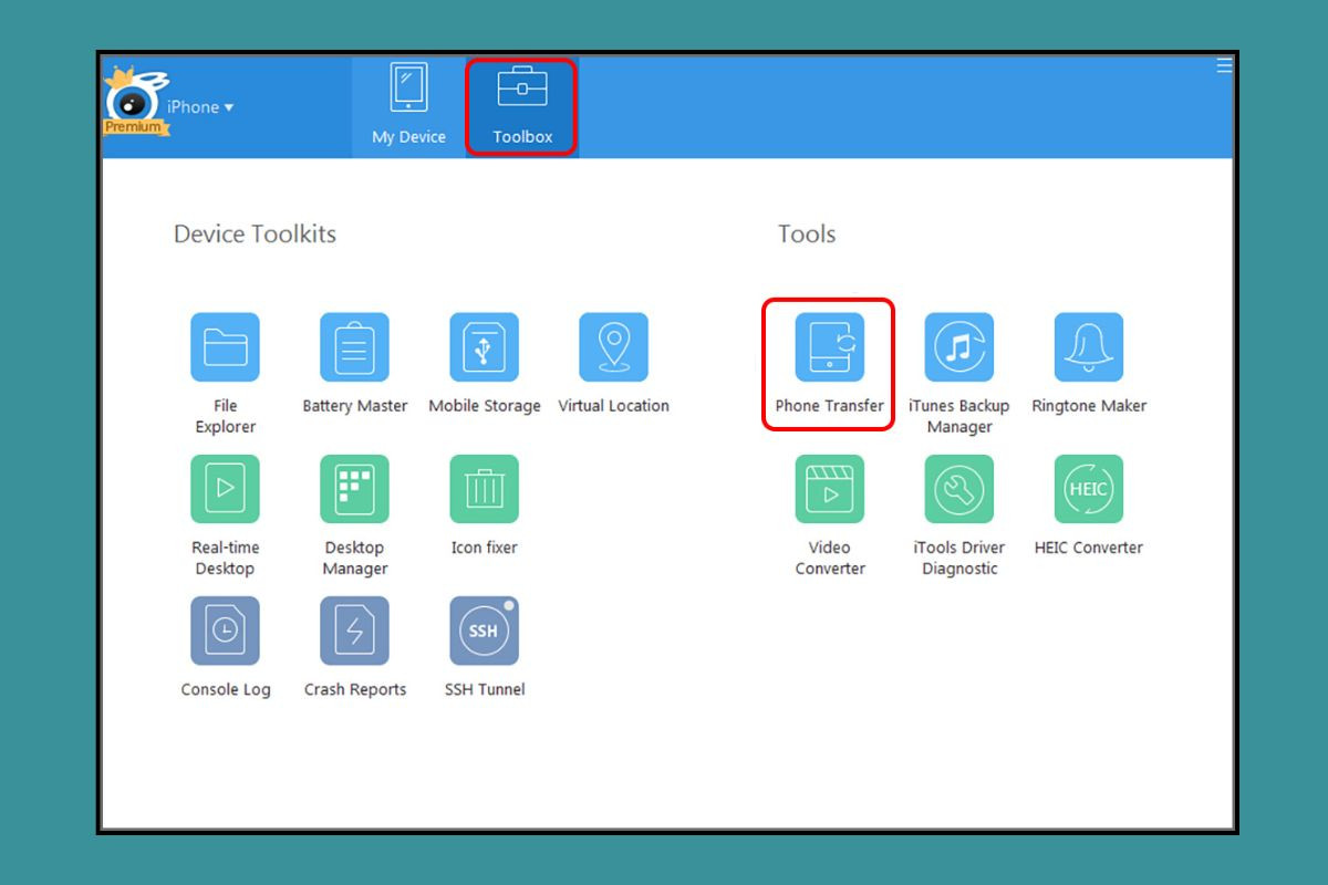 Chọn tính năng Phone Transfer trên ứng dụng Toolbox