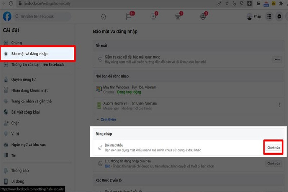 Bên trái màn hình bạn chọn mục Bảo mật và đăng nhập