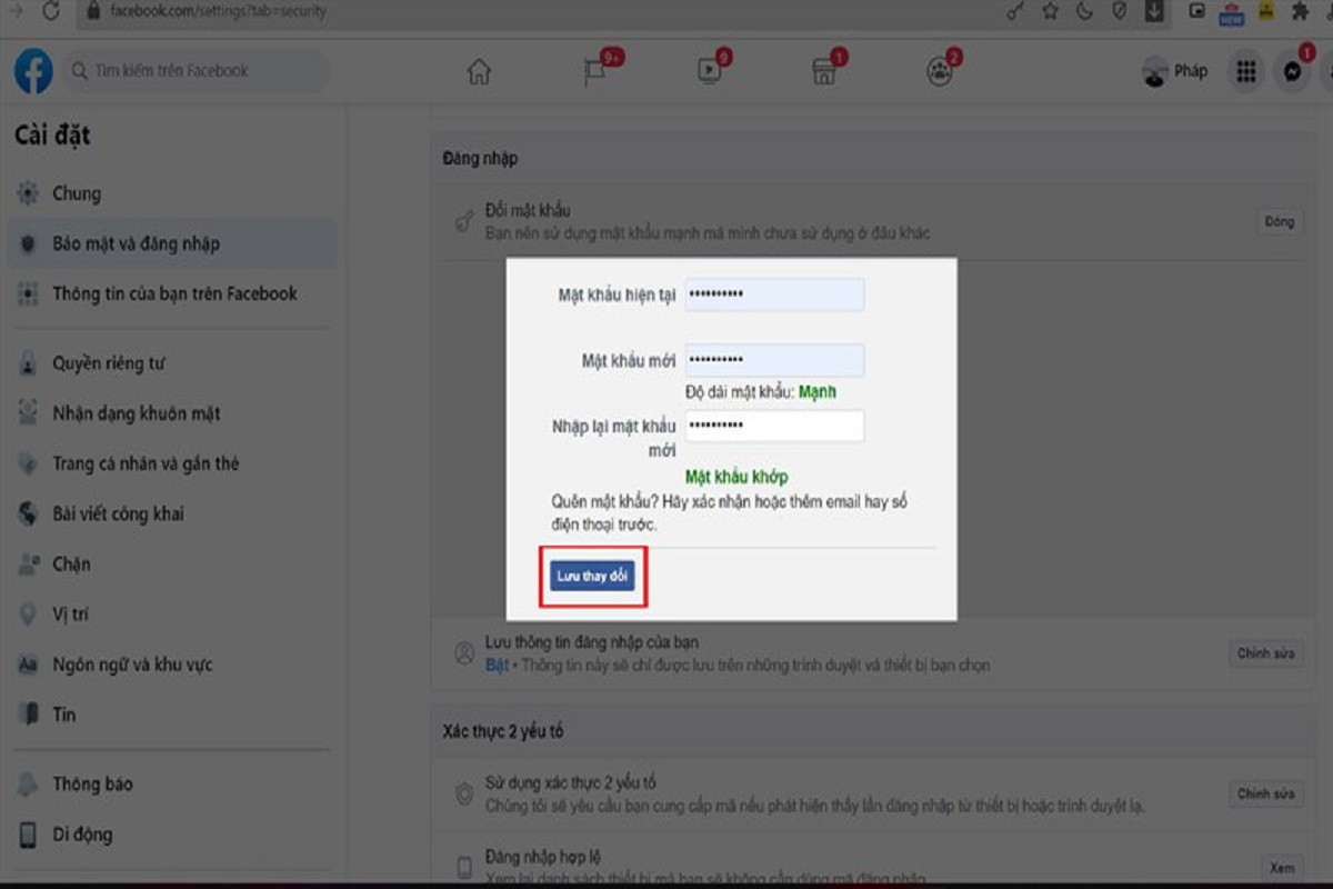 Bạn điền mật khẩu hiện tại và đặt lại mật khẩu mới tài khoản Facebook