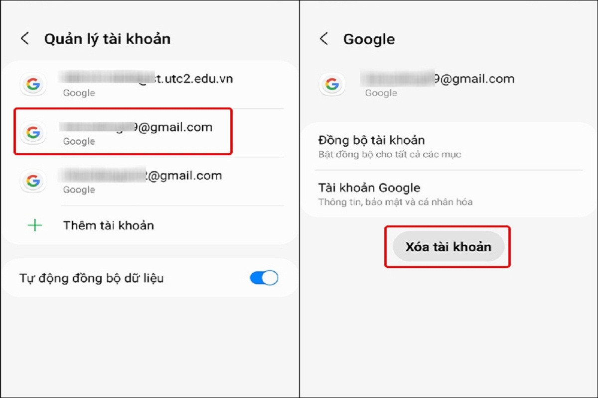 Chọn tài khoản Gmail muốn đăng xuất và nhấn vào mục Xóa tài khoản