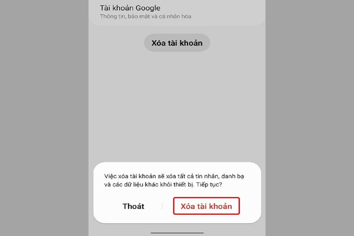 Tiếp tục chọn mục Xóa tài khoản để hoàn tất cách đăng xuất Gmail trên điện thoại Android