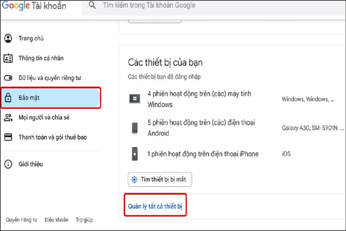 Nhấn vào mục Bảo mật và chọn Quản lý tất cả thiết bị