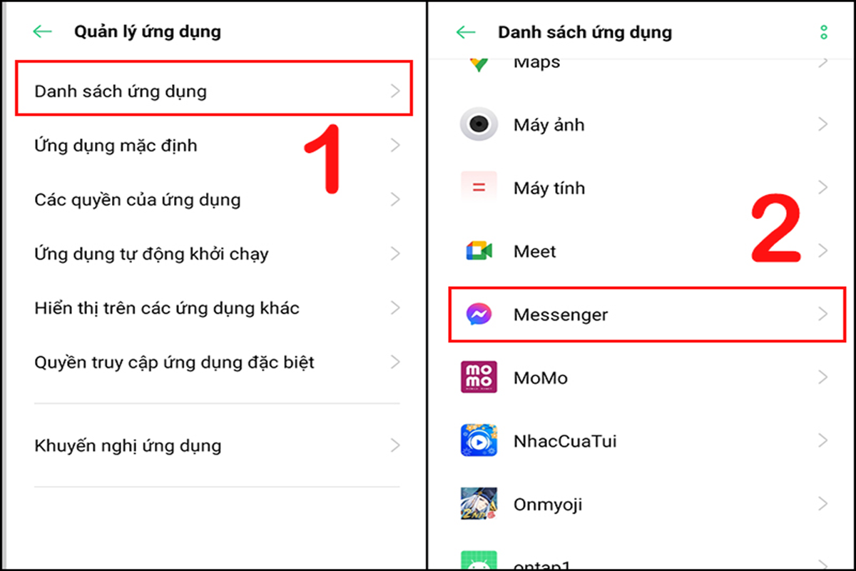 Chọn danh sách ứng dụng và vào mục Messenger