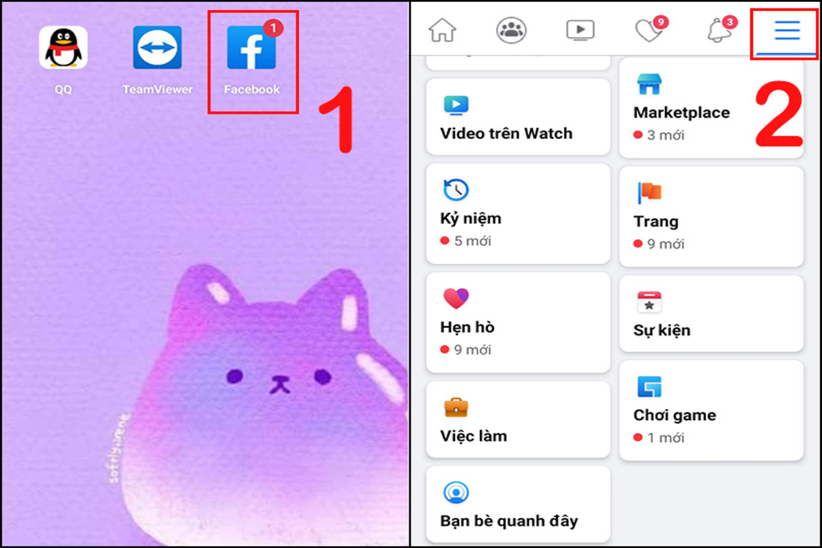 Mở ứng dụng Facebook trên điện thoại và chọn ký hiệu menu 3 gạch