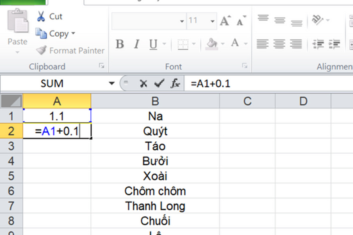 Nhập số thứ tự 1.1 vào ô A1