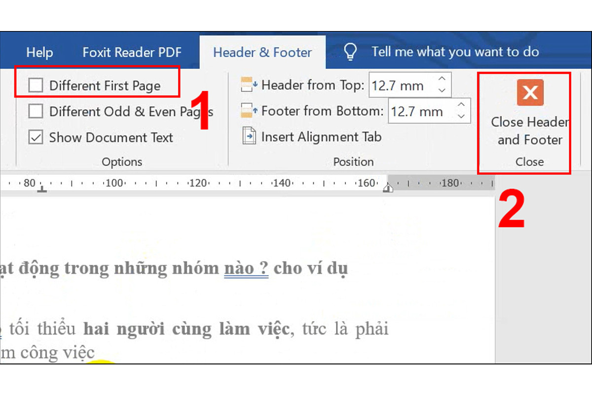 Chọn Difference First Page tại mục Options