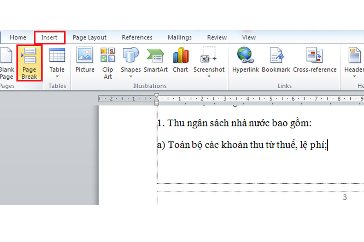 Tại giao diện Word, bạn cần đặt con trỏ vào trang cần ngắt