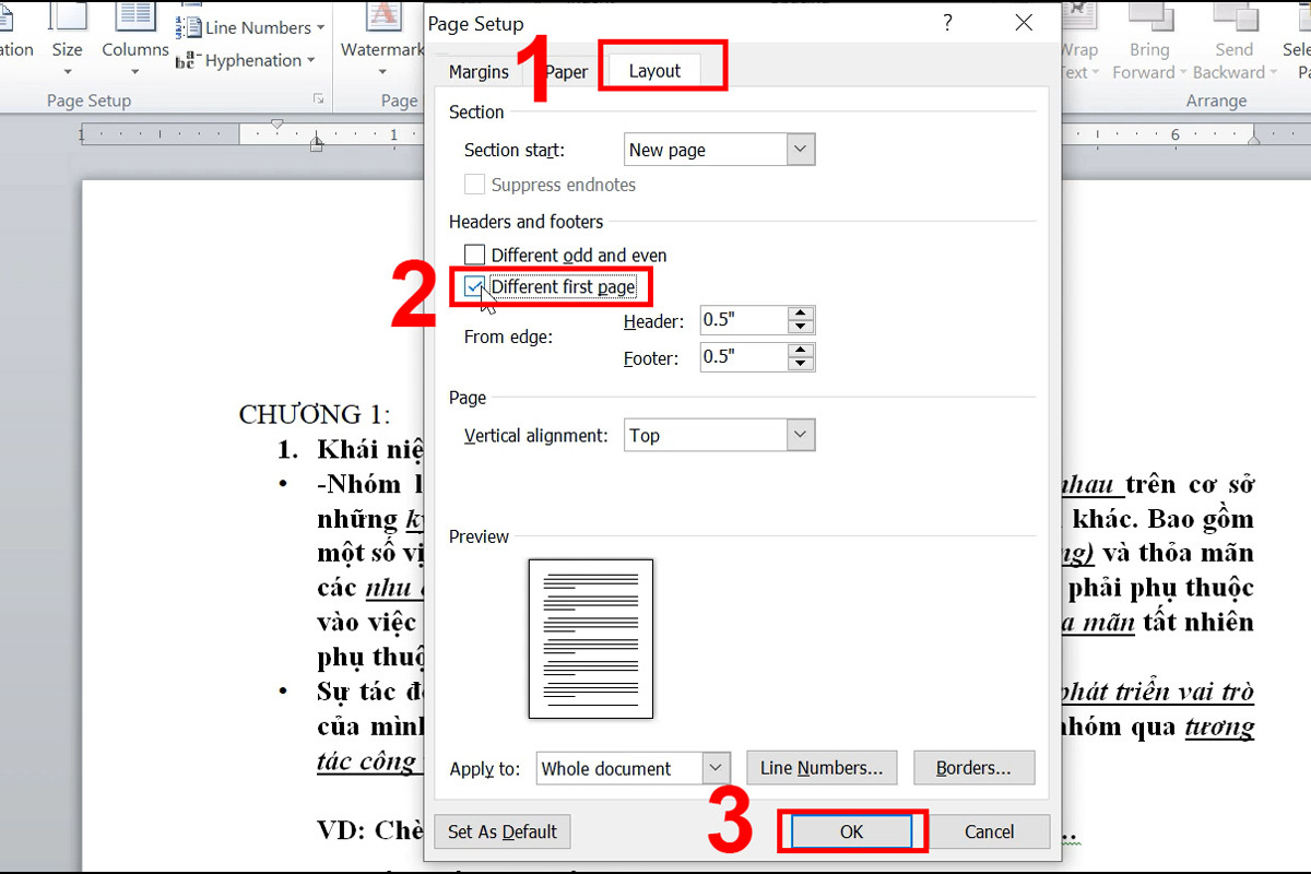 Chọn Diference first page