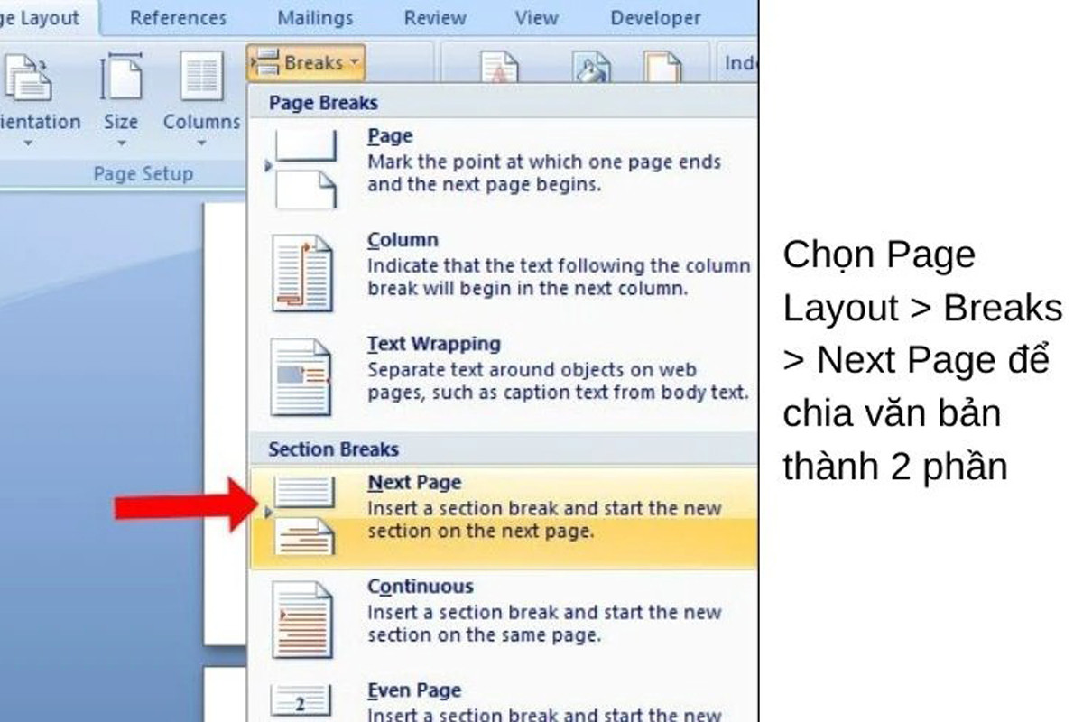 Nhấn vào mục Page Layout sau đó chọn Breaks