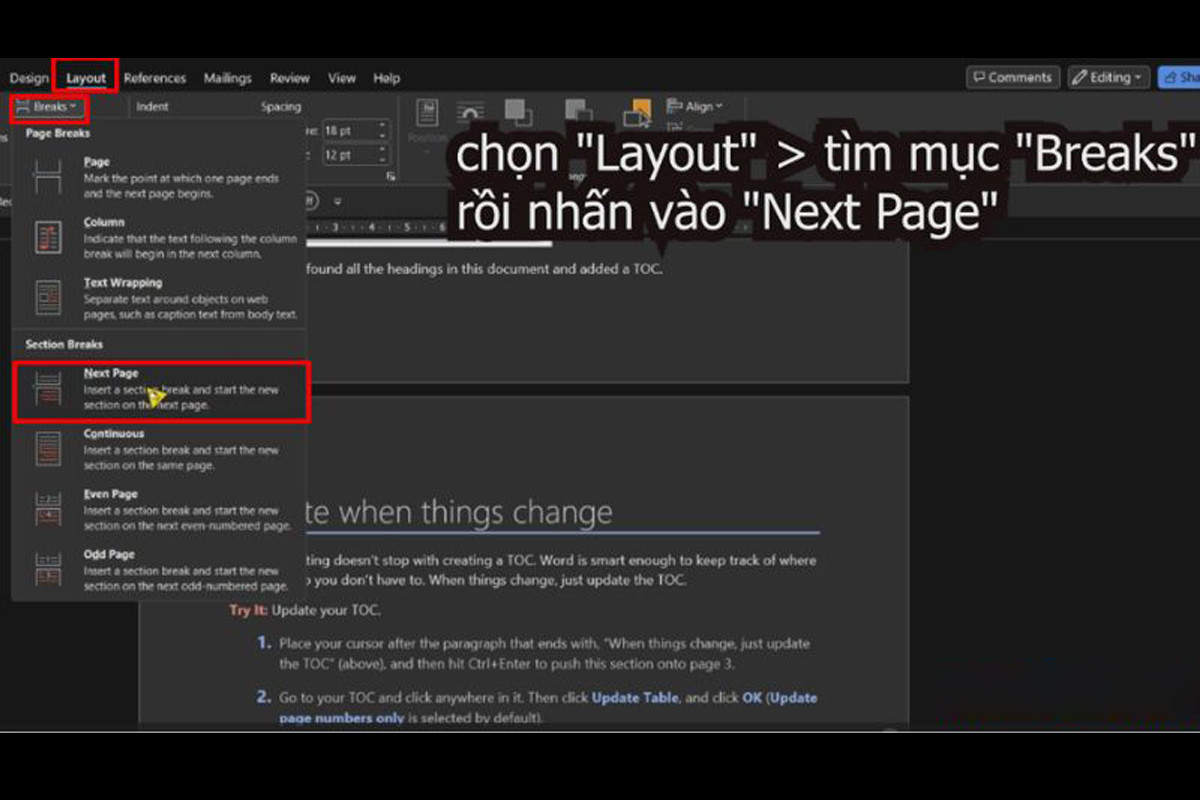 Chọn "Layout" > tìm mục "Breaks" rồi nhấn vào "Next Page"