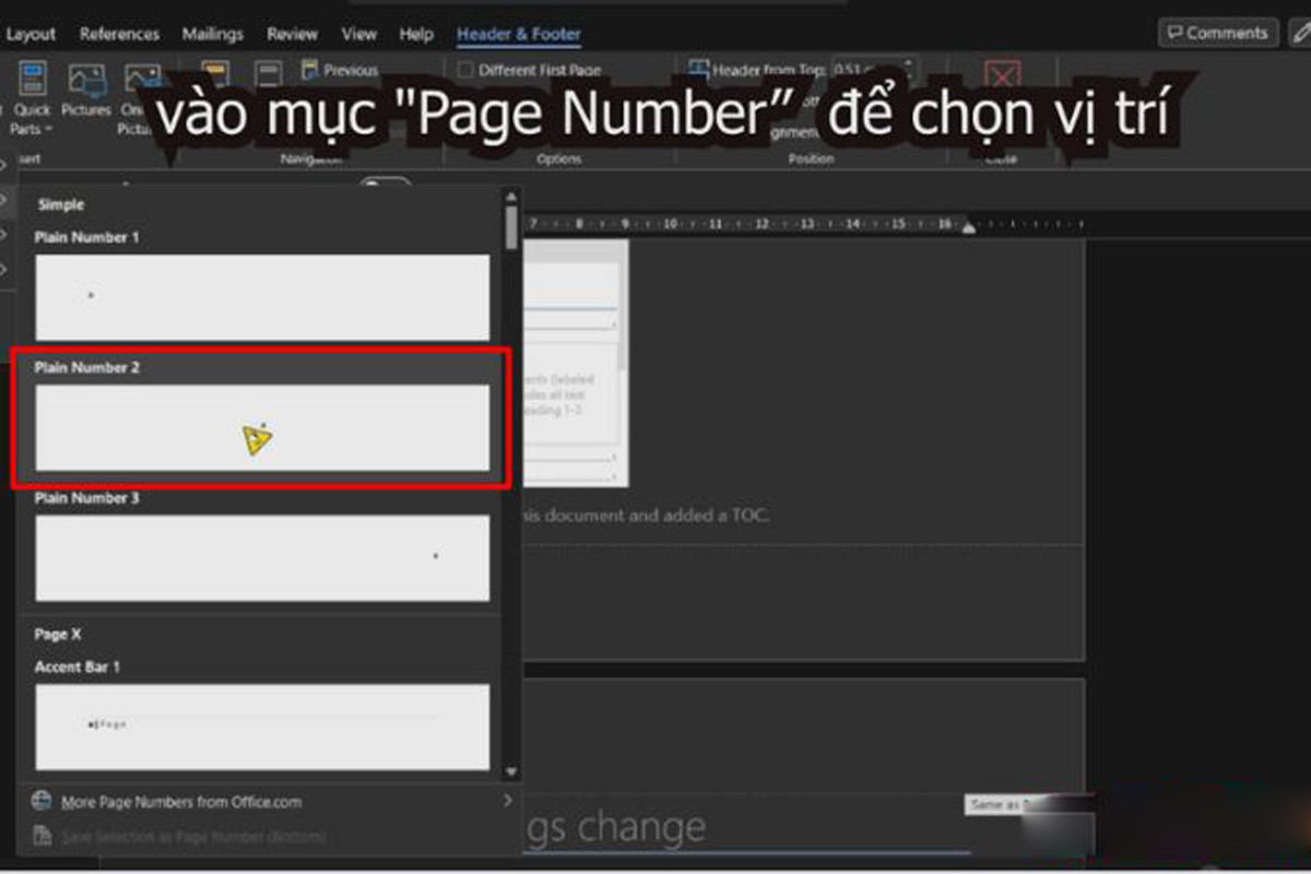 Di chuyển chuột vào mục "Page Number" để chọn vị trí