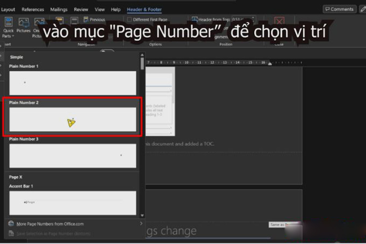 Di chuyển chuột vào mục "Page Number" để chọn vị trí