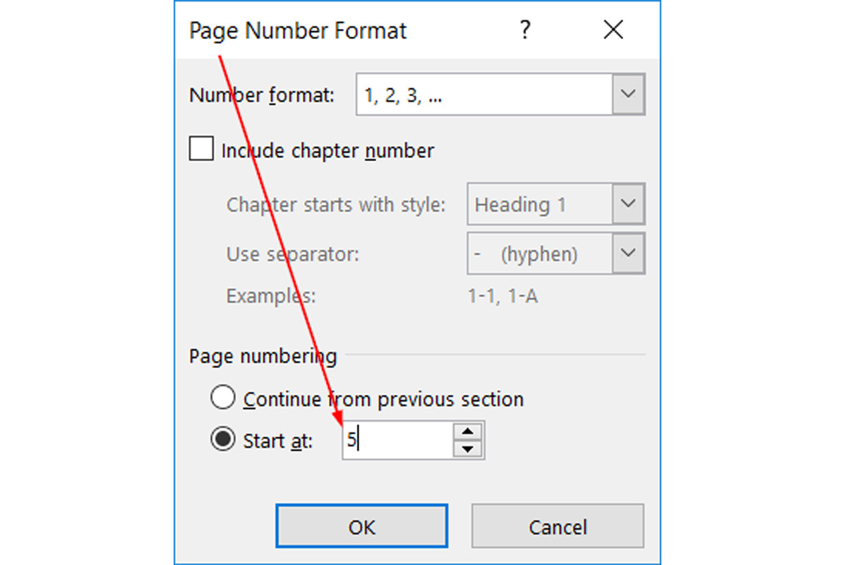 Một bảng công cụ sẽ hiện ra, bạn chú ý ở mục Page Numbering có 2 ô lựa chọn