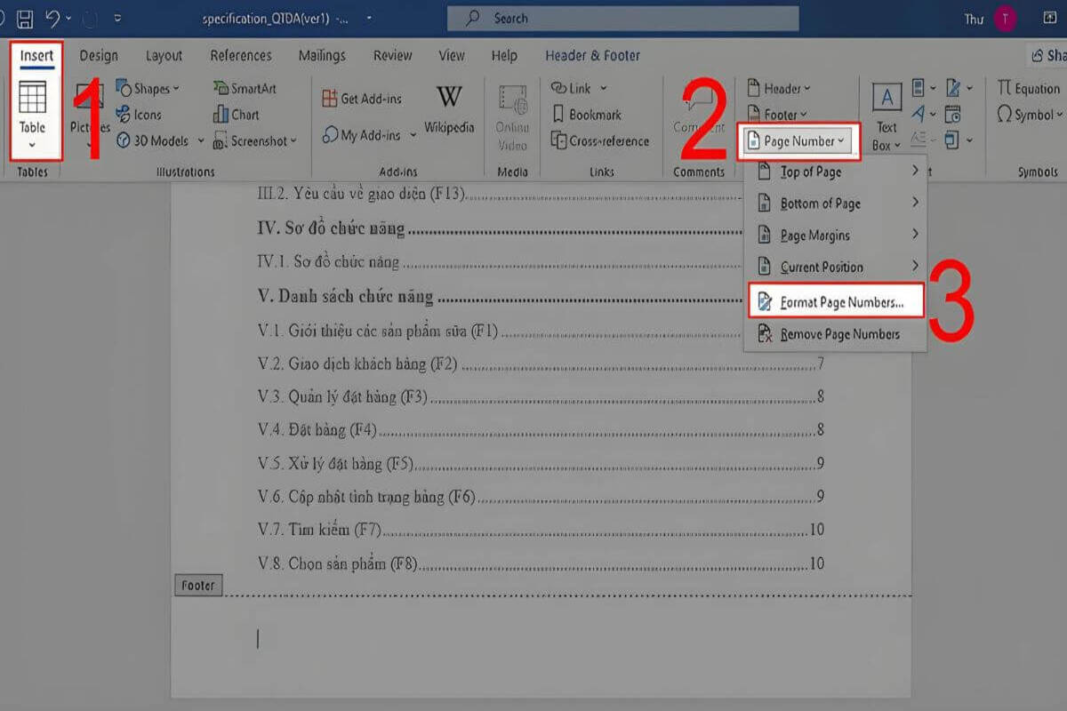 Tại mục Insert chọn Page Number, chọn Format Page Numbers và chọn kiểu định dạng La Mã Number Format 