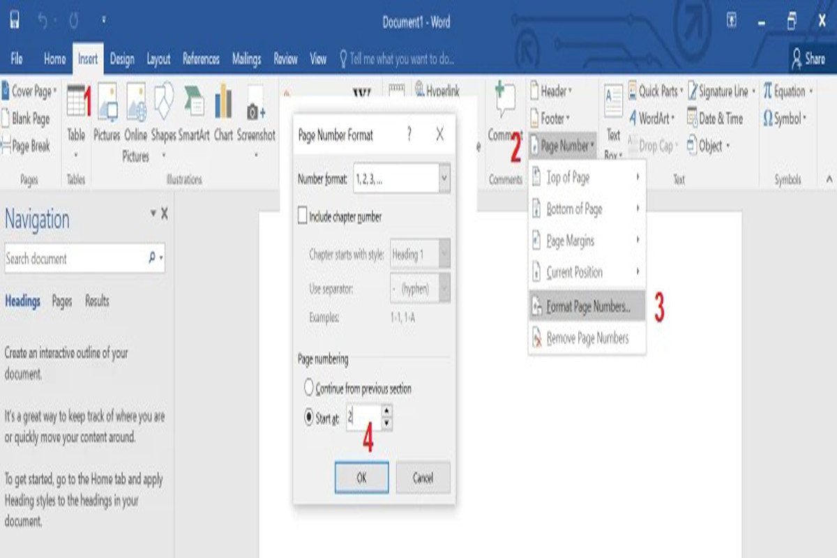 Nhấn vào thẻ Insert, chọn Page Number và chọn vào Format Page Numbers