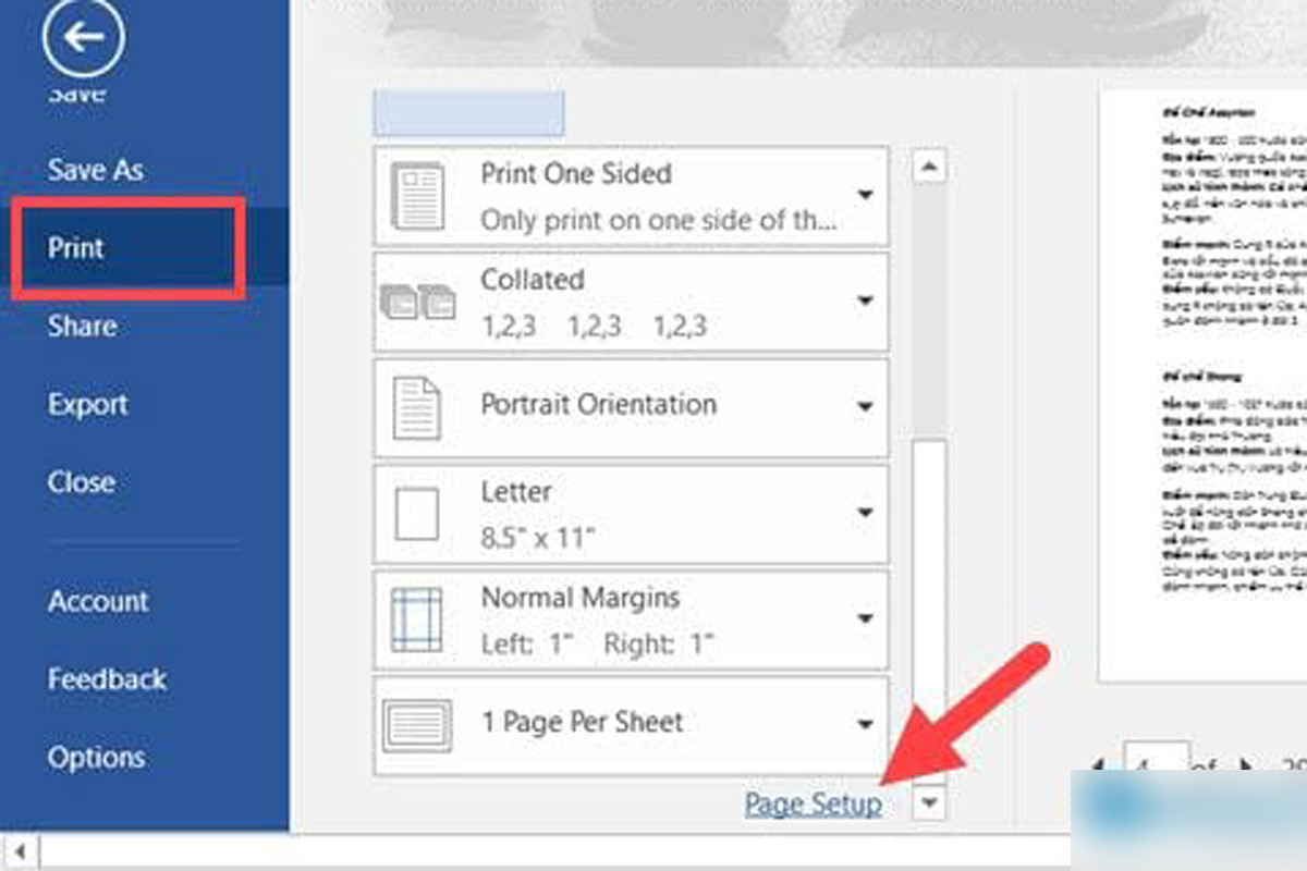 Tiến hành in bằng lệnh Ctrl + P, kéo xuống dưới cùng và lựa chọn Page Setup