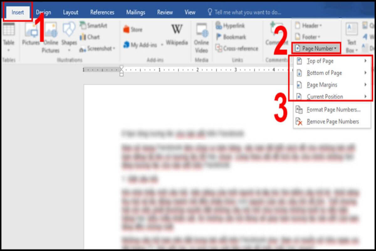 Mở tài liệu muốn thêm số trang chọn Insert, chọn Page Number rồi chọn tiếp vị trí và kiểu số trang là bước đầu tiên khi thực hiện cách đánh số trang từ trang 2