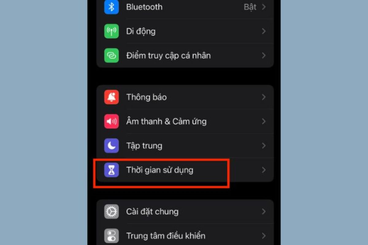 Mở Cài đặt và chọn Thời gian sử dụng